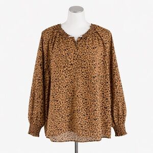 Maurices Leopard Print Blouse XXL Boho Smocked Neck Long Sleeve Animal Print Top